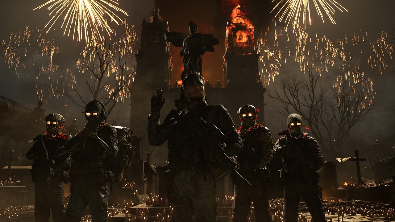Eine Gruppe von 4 Gegnern steht hinter ihrem Anführer aus Death Stranding 2.