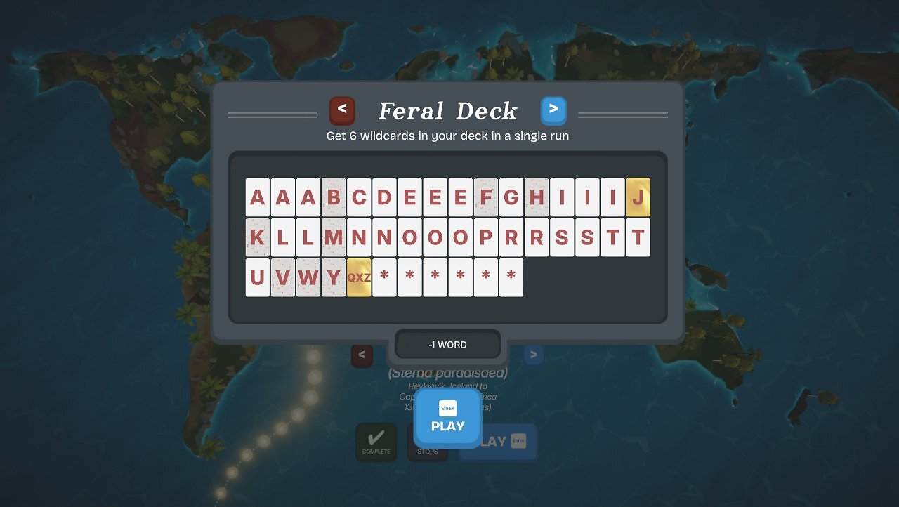 [25/07/2025] Nach und nach schaltet ihr auch unterschiedliche Decks frei - in dem hier sind z.B. weniger unnütze, seltene Buchstaben drin, dafür dürft ihr aber auch ein Wort weniger legen pro Stage.