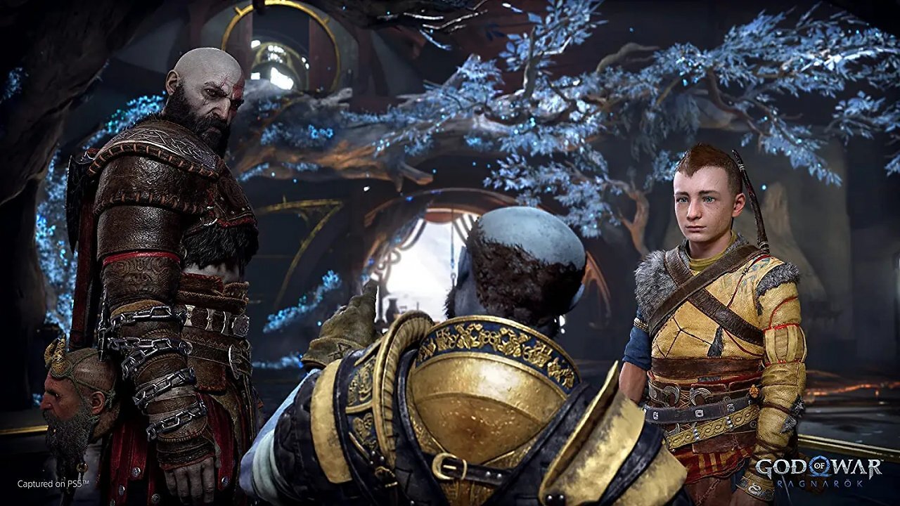 Kratos und Atreus sprechen mit Brok