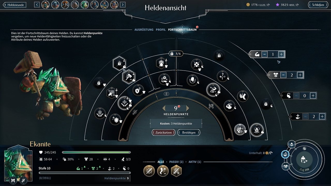 Wie im Vorgänger schaltet ihr für alle Helden neue Talente und Vorteile frei. Neu sind die vier Hauptattribute (rechts im Bild).
