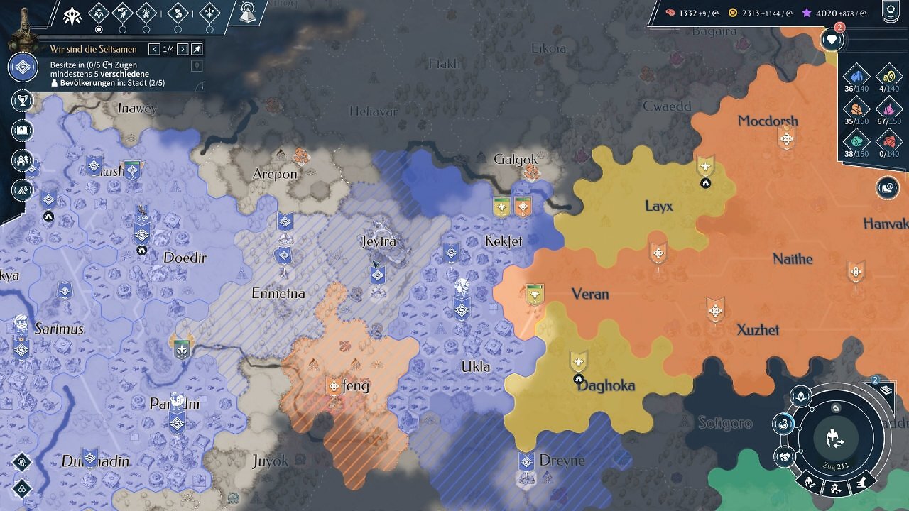 Die Map ist fest in Gebiete unterteilt. Wie in Humankind könnt ihr sie mit Lagern besetzen, die man dann später noch angliedern oder in Städte umwandeln kann.
