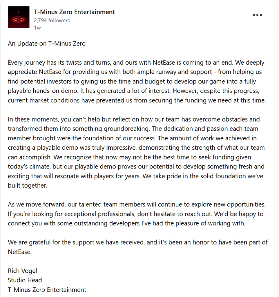 [02/09/2025] Das Statement von T-Minus Zero auf LinkedIn.