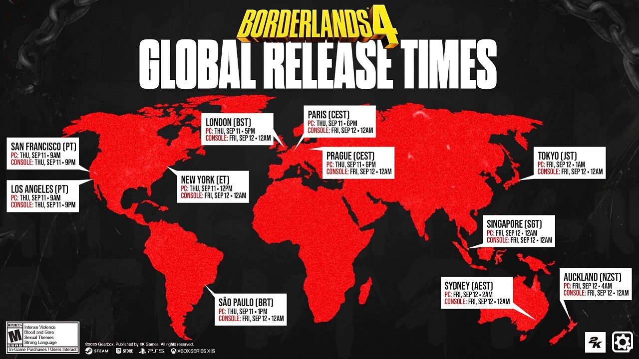 Weltkarte mit den globalen Release-Terminen von Borderlands 4