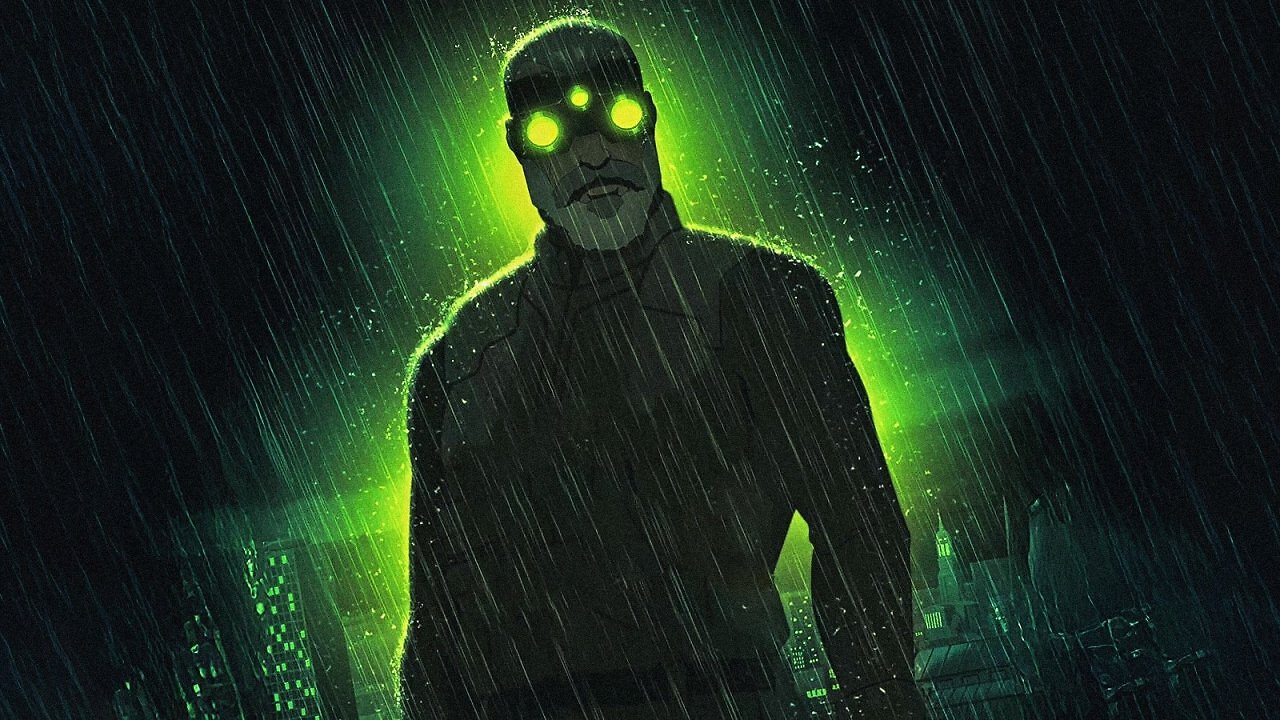 Sam Fisher vor einem dunklen Hintergrund.