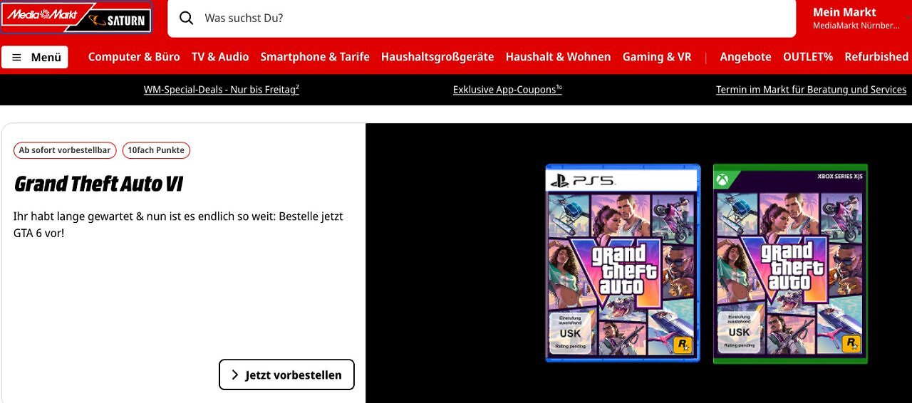 [25/06/2026] GTA 6 lässt sich jetzt bei MediaMarkt vorbestellen.