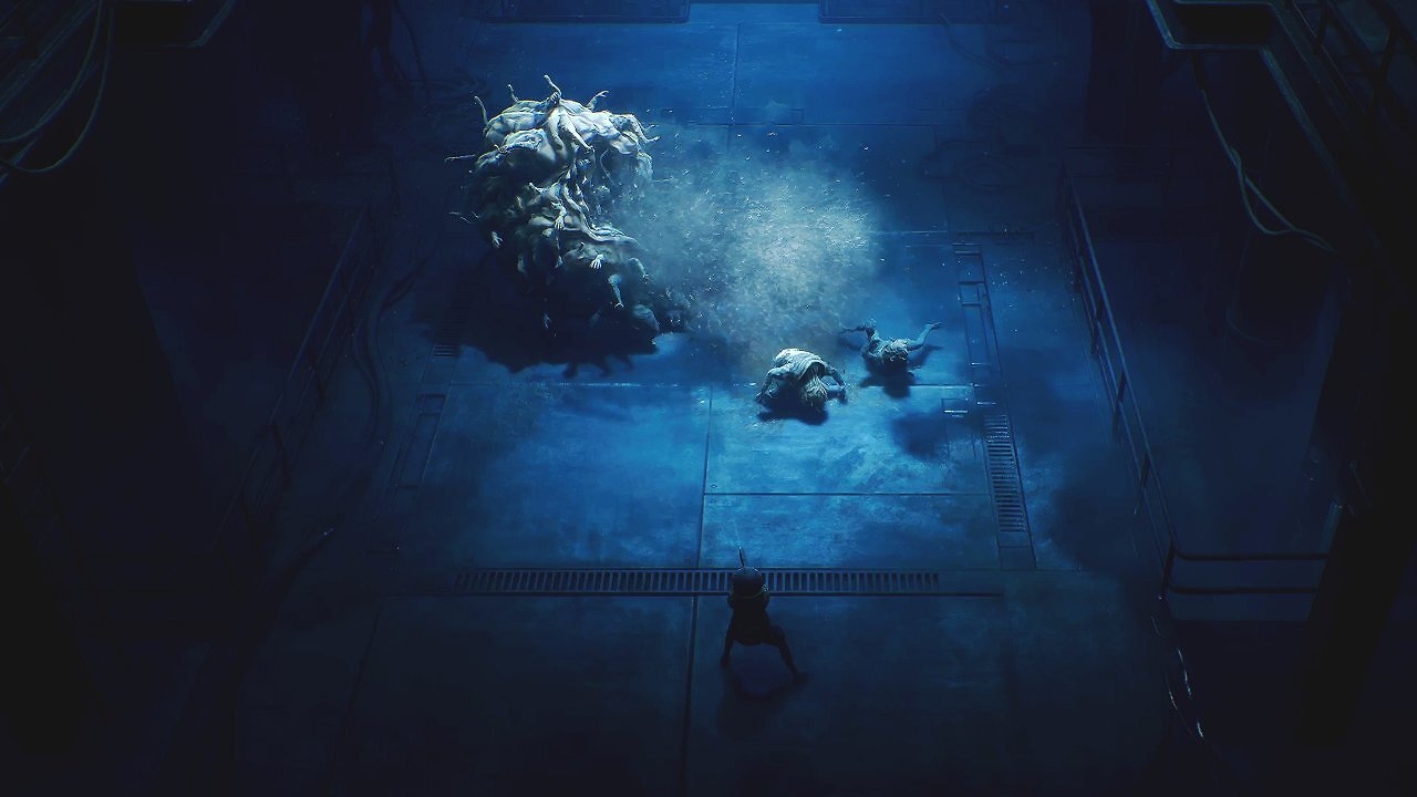 Cal kämpft mit einer Schusswaffe gegen mutierte Gegner. Die Umgebung ist in Blau- und Schwarztönen gehalten.