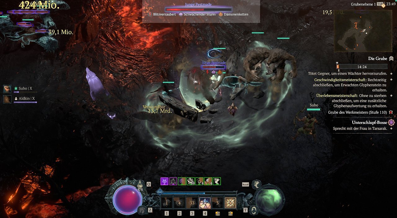 Ingame-Screenshot aus Diablo 4 in der Grube des Werkmeisters (Stufe 110). Der Spieler kämpft gegen ein Elite-Monster namens Junge Pestmade. Die Lebensleiste am oberen Rand listet die Affixe Blitzverzaubert, Schwächender Sturm und Dämonenketten. Das Kampfgeschehen ist von einer großen, kreisförmigen, grünlich-grau wirbelnden Sturmanimation (Schwächender Sturm) umgeben. Links sind die Söldner-Porträts von Subo und Aldkin zu sehen. Riesige Schadenszahlen wie 13,7 Milliarden fliegen über den Bildschirm.