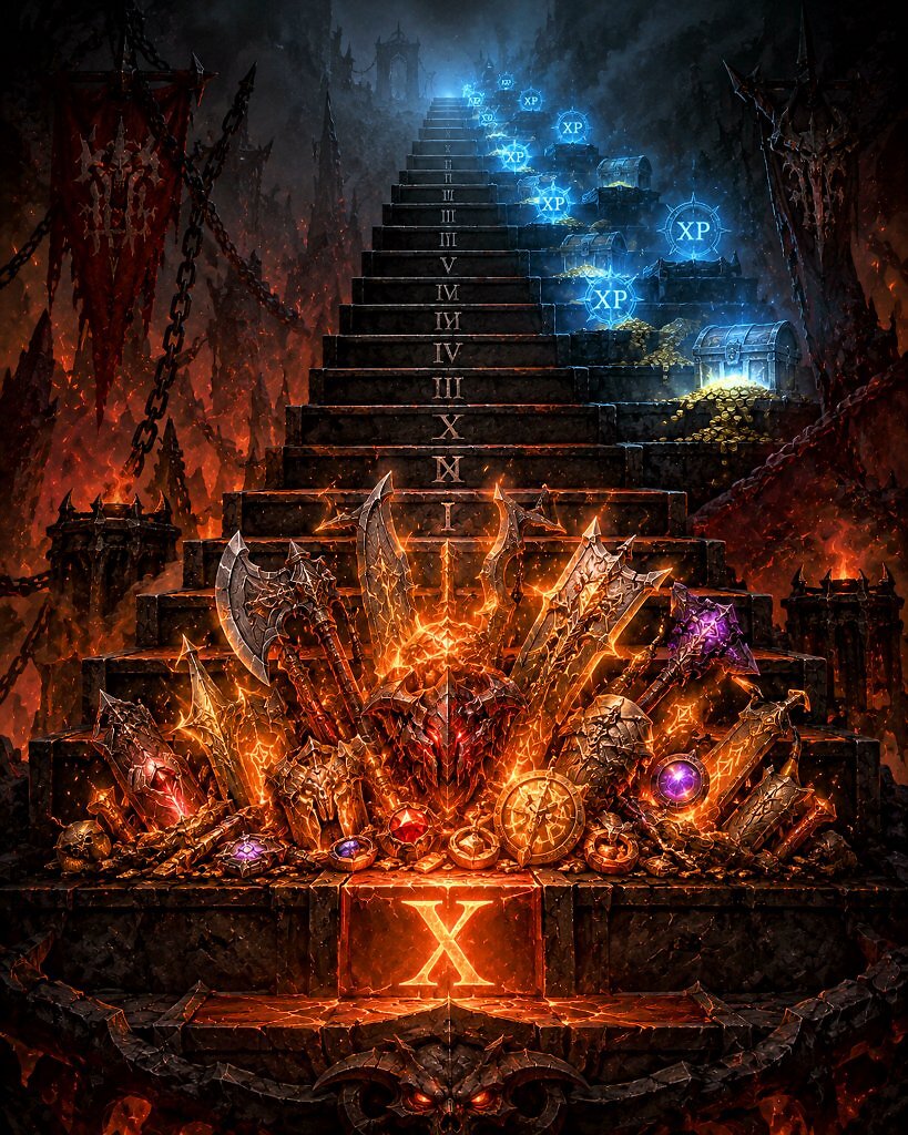 Eine düstere Grafik im Diablo 4-Stil, die eine Steintreppe inmitten von Höllenfeuer zeigt. Auf der untersten, prominenten Stufe ist ein großes, feurig leuchtendes römisches "X" eingemeißelt. Auf dieser Stufe stapelt sich ein riesiger, glühender Haufen aus legendären Schwertern, Äxten, Helmen und Juwelen. Die Treppe führt weiter nach oben in den dunklen Nebel, wo auf den höheren Stufen nur noch leuchtend blaue Symbole mit der Aufschrift "XP" sowie Schatztruhen voller Goldmünzen zu sehen sind.