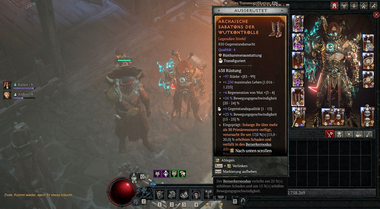 Ein Ingame-Screenshot des Ausrüstungs- und Inventar-Menüs aus Diablo 4: Lord of Hatred. Auf der rechten Seite ist das Charaktermodell des Barbaren in Stachelrüstung neben seinen angelegten Gegenständen zu sehen. Im Zentrum öffnet sich ein großes Tooltip-Fenster für die angelegten legendären Stiefel "Archaische Sabatons der Wutkontrolle" mit 850 Gegenstandsmacht. Das Fenster zeigt Werte für Rüstung, Stärke, maximales Leben, Regeneration von Wut und Bewegungsgeschwindigkeit. Am unteren Rand ist der orangefarbene Text des eingeprägten legendären Aspekts zu sehen, der erhöhten Schaden und den Berserkermodus gewährt, solange die Primärressource über 50 Punkten liegt.