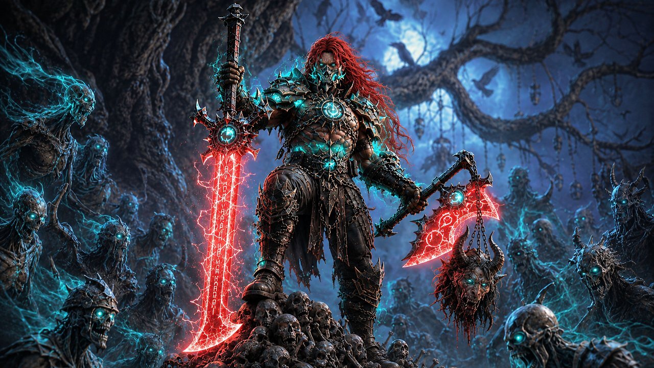 Eine epische, detailreiche Fantasy-Illustration im Diablo 4-Stil. Eine rothaarige Barbarin mit einer skelettartigen Maske und leuchtend blau verzierten Rüstungsplatten steht triumphal auf einem Haufen von Totenköpfen. In der rechten Hand hält sie ein riesiges, rot glühendes Breitschwert mit Blitzen, in der linken Hand eine Streitaxt, an der ein aufgespießter Dämonenkopf hängt. Im Hintergrund erhebt sich der düstere Flüsternde Baum bei Vollmond, behängt mit Ketten und umgeben von schwebenden, blau leuchtenden Geistergestalten und Raben.