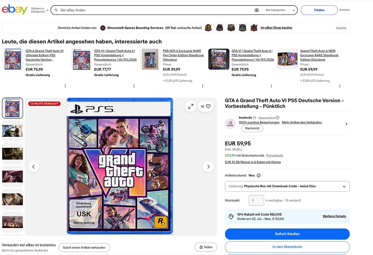 [01/07/2026] GTA 6 für 59,95€ vorbestellen? Bei Ebay muss man aufpassen - dieses Angebot ist mittlerweile verschwunden.