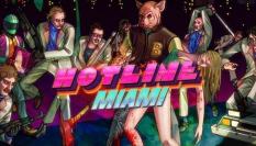 Schriftzug "Hotline Miami" mit mehreren Figuren im Hintergrund
