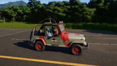 Klassischer Jeep aus dem Kinofilm Jurassic Park von 1993 im Aufbauspiel Jurassic World Evolution.