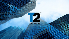 Der Geschäftsbericht von Take-Two Interactive enthält viele Details rund um zukünftige Spiele des Publishers. Das Bild zeigt das Logo von T2 vor Wolkenkratzern aus der Froschperspektive.