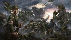 Eine Sanitäterin verarztet einen am Boden liegenden Soldaten. Im Hintergrund tobt der Erste Weltkrieg.