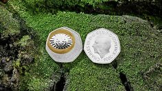 Die Sammlermünze zum Film Der Herr der Ringe: Die Gefährtenist auf Grasuntergrund einmal von vorn und von hinten zu sehen.