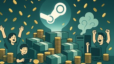 Da dürfte Gabe Newell jubeln, denn mit dem Umsatz des ersten Halbjahres 2026 könnte er sich den passenden Ozean für seine Mega-Jacht kaufen. Das Bild zeigt jubelnde Menschen vor viel Geld und das Steam-Logo.