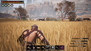 Conan Exiles im Test:&nbsp;In dieser Region weht ein Hauch von Afrika durchs Feld. Die Nashörner sollten Frischlinge nicht unterschätzen.