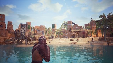 Conan Exiles im Test:&nbsp;Die einzige friedliche NPC-Stadt im Spiel, zumindest wenn ihr eure Waffen stecken lasst und nichts klaut: Sepermeru.