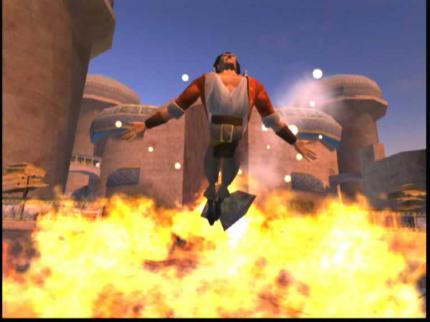 Die Bösewichter schie&szlig;en mit fiesen Feuerbällen auf Captain Rhama.