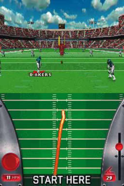 Wenigstens bei den Fieldgoals muss man mit dem Touchscreen arbeiten. Richtung und St&auml;rke des Kicks werden eingestellt.