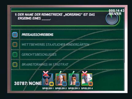 Bei etlichen Fragen werden Nichtsportler nur mit den Achseln zucken. 
BILD: PLAYZONE
Die weißen Texteinblendungen in den Bildschirmecken stammen aus der Testversion. In der Verkaufs-Version wird es solche störenden Einblendungen nicht mehr geben.