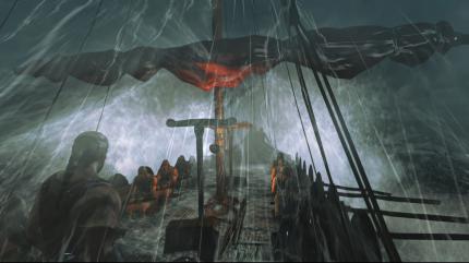 Eines der wenigen grafischen Highlights im Spiel: Die Galeere kämpft sich durch die stürmische See.