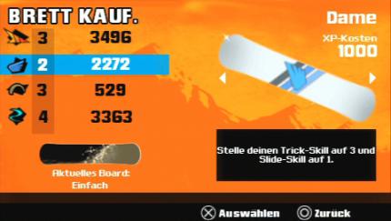 Shaun White Snowboarding für PSP - Trade for Skill: Für Erfahrungspunkte steigert ihr entweder eure Skills oder kauft Boards. (BILD: play³)