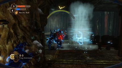 Bioshock 2 im Test für PS3 und Xbox 360: Unter Strom - Der Big Daddy ist in unsere aufgeladene Wirbelwindfalle getappt. Das wird ihn nicht stoppen, aber kurz beschäftigen.
