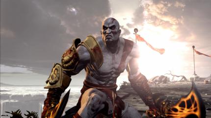 Charakter: Kratos ist unglaublich detailliert, egal ob es um Mimik, Animatio nen oder Texturdetails geht. Zum Vergleich oben ein Bild aus Chains of Olympus.