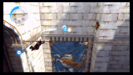Prince of Persia: Die vergessene Zeit für Wii im Test - Eine neue Fähigkeit des Prinzen ist die Möglichkeit, Griffe an Wänden zu erschaffen. Diese Halterungen sind sehr hilfreich, um große Abgründe zu überwinden. 