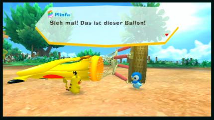 PokéPark Wii im Test: Quirlig - Natürlich sind auch Plinfa, Glumanda und Endivie mit im Park und unterstützen euch, wo sie nur können - hier mit einem Ballon.