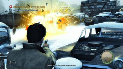 MERKEN, BITTE - Auf dem Schrottplatz lernen Sie, dass ein Schuss auf den Tankdeckel Autos zur Explosion bringt. Das ist natürlich völliger Blödsinn, hilft Ihnen im Spiel aber enorm weiter.