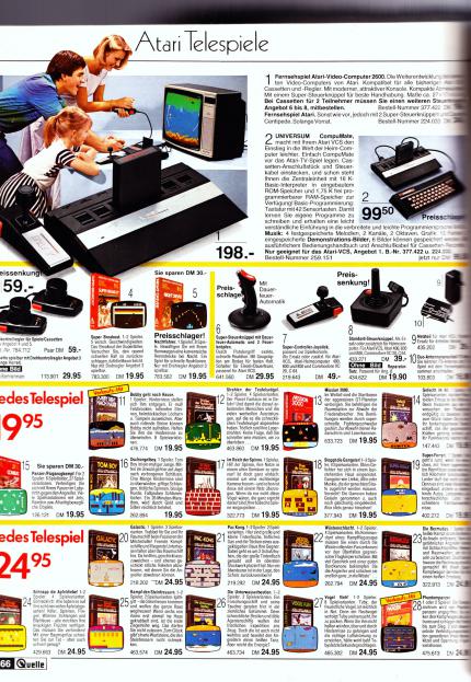 Diese Katalogseite ist 25 Jahre alt: 1985 konnten Sie bei Quelle für knapp 200 D-Mark (rund 100 Euro) einen Atari 2600 erstehen. Die Spiele kosteten 20 Mark (ca. 10 Euro).