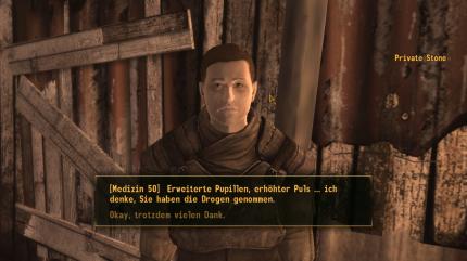 Private Stone hat sich die verschwundenen Medikamente einverleibt. Ein medizinisch begabter Charakter kann seine Abhängigkeit bereits im Gespräch erkennen, alle anderen folgen ihm des Nachts zu seinem Drogenversteck.