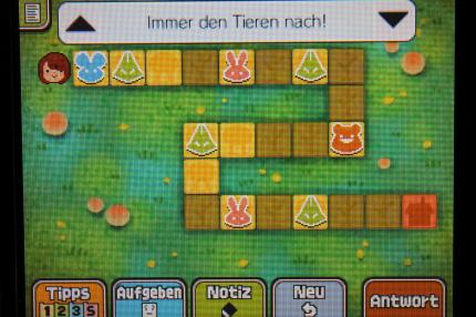 Professor Layton und das Vermächtnis von Aslant: So müssen die Tiere platziert werden, um Rätsel 050: Waldfreunde erfolgreich abzuschließen.