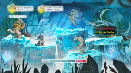 In den Kämpfen treten stets zwei unserer Party-Mitglieder auf einmal an. Wir können sie zudem jederzeit mit den anderen Heroen auswechseln und müssen dafür keine Runde aussetzen. Man merkt: Child of Light ist definitiv auf eher unerfahrene Rollenspieler ausgelegt.