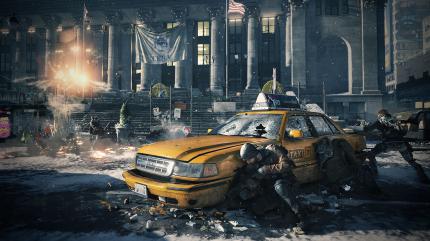 Division-Agenten gehen hinter einem New Yorker Taxi in Deckung.