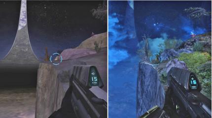 Lange ist's her: Die dreizehn Jahre, die das erste Halo nun schon auf dem Buckel hat, sieht man dem Spiel deutlich an. Hier im Vergleich zur überarbeiteten Version.