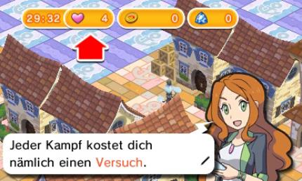 Während der ersten paar Runden geleitet euch eine freundliche Journalistin durch die Welt und erklärt euch Regeln, Power-ups, Pokémon und begrenzte Spielversuche.