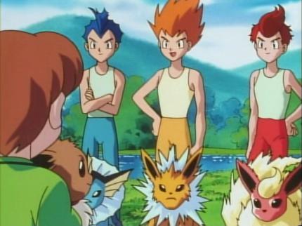 Die drei Evoli-Brüder von links nach rechts: Rainer (Aquana), Sparky (Blitzra) und Pyro (Flamara).