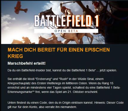 EA hat mit dem Versand der Download Keys für die Battlefield 1 Open Beta für Insider begonnen.