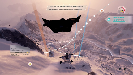 Die Wingsuit-Challenges sind teilweise knackig schwer und führen durch verschlungene Täler sowie durch Felsspalten hindurch.