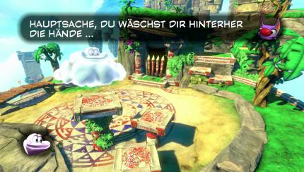 Dieser Wolke müssen wir beim Wasserlassen helfen. Eigentlich ist die Dialogqualität des Spiels mäßig und der Humor ist reichlich infantil. Allerdings gehörten diese Dad-Joke-Niveau-Witze schon bei Rare dazu!