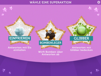 Mit den Superaktionen könnt ihr den anderen Spielern einen Nachteil verschaffen, damit sie länger brauchen, um die Frage zu beantworten!