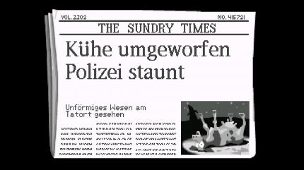 Purpur-Tentakel taucht nach seiner Flucht kaum noch im Spiel auf. Nur diese Zeitungsartikel informieren euch über sein Treiben. Die kurzen Einblendungen untermalt das Spiel mit der Fanfare der Batman-TV-Serie aus den 1980ern.