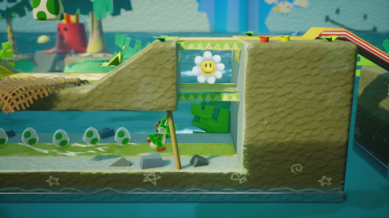 Yoshi's Crafted World: Welt 7 - Level 1: Bomben Ahoi: Am Ende dieses Gangs findet ihr die Blume Nummer 6.