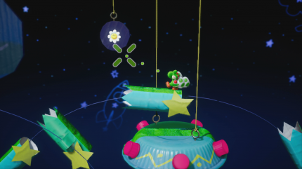 Yoshi's Crafted World: Welt 13 - Level 2: Ritt auf den Sternen: Sobald ihr die lila Kugel abgeworfen habt, offenbart sich die erste Blume.