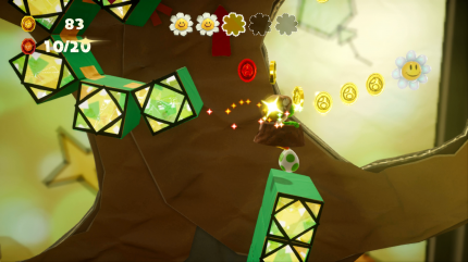 Yoshi's Crafted World: Welt 16 - Level 3: Knall auf Fall: Von den grünen Bauklötze aus könnt ihr eine Wolke abwerfen, wodurch die dritte Blume erscheint.