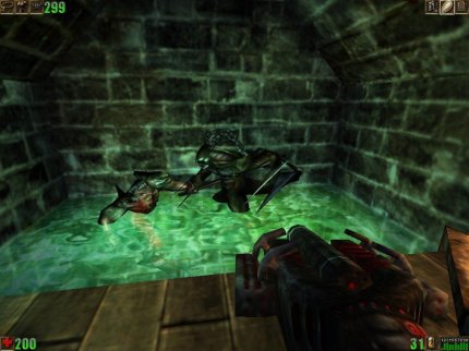 Wilde Kreaturen: Treffen die Unreal-Monster – wie hier ein Skaarj und ein Nali – aufeinander, bekämpfen sie sich automatisch. Das bringt viel Dynamik ins Spiel und sorgt obendrein für Überraschungsmomente.